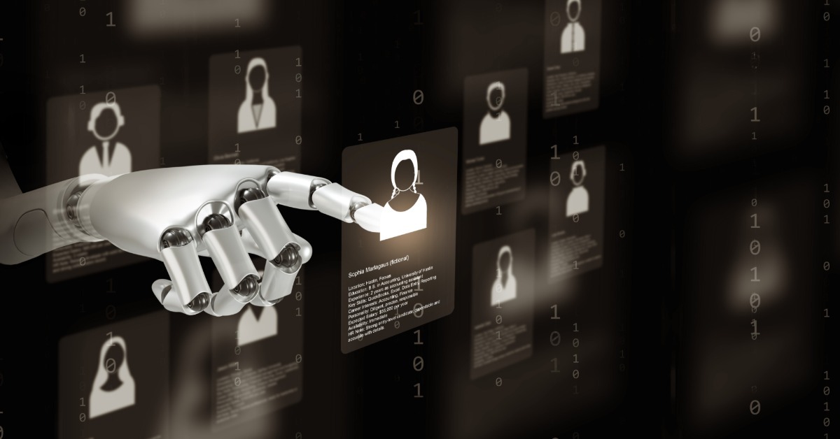 A robotic hand points to a glowing digital profile card among other floating profile cards on a dark, data-filled screen.