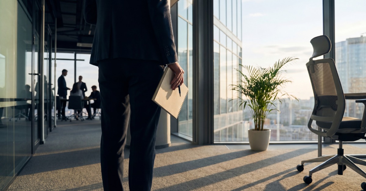 An employee wearing a gray business suit holds a notebook in front of a window at a high floor in a skyscraper.